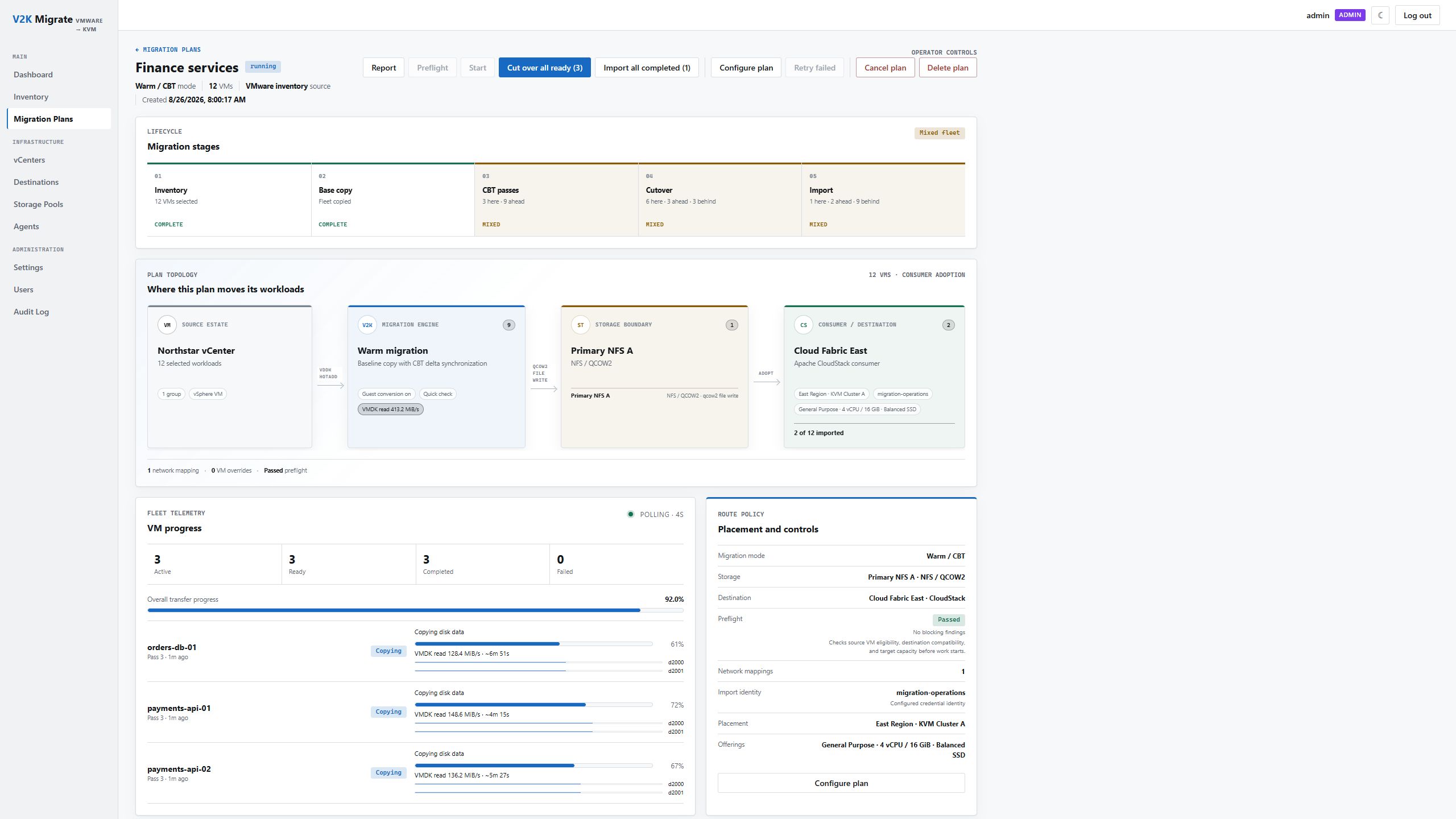V2K Migrate warm migration plan showing lifecycle, topology, transfer progress, throughput, and CloudStack destination