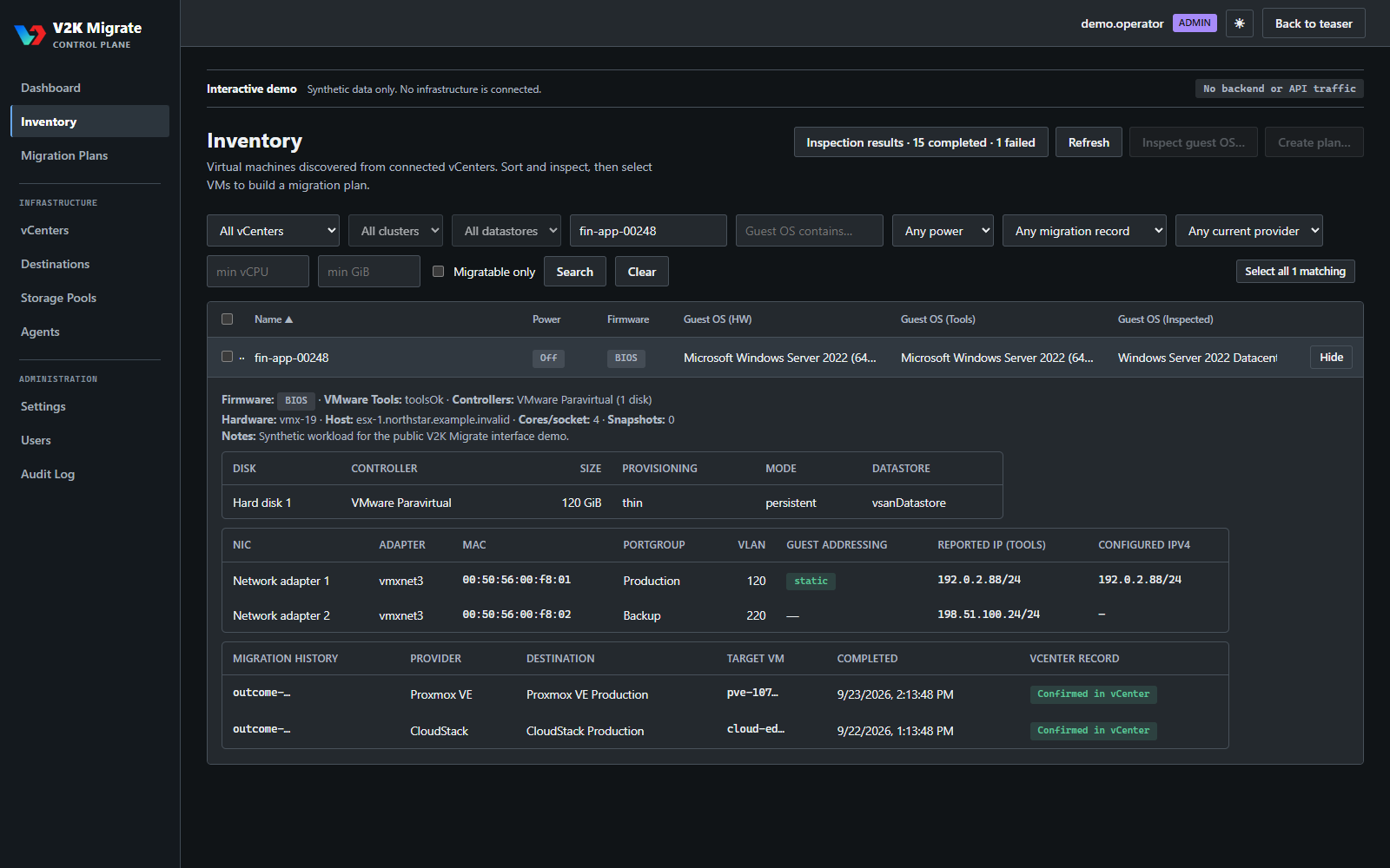 Expanded V2K Migrate virtual machine disk and network evidence