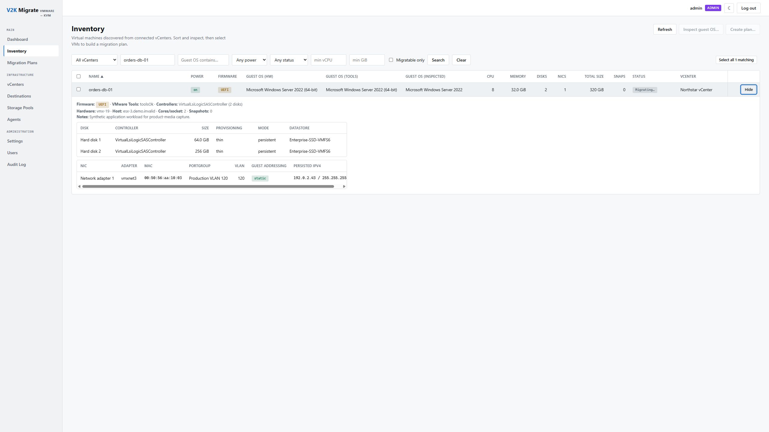 Expanded V2K Migrate virtual machine disk and network evidence